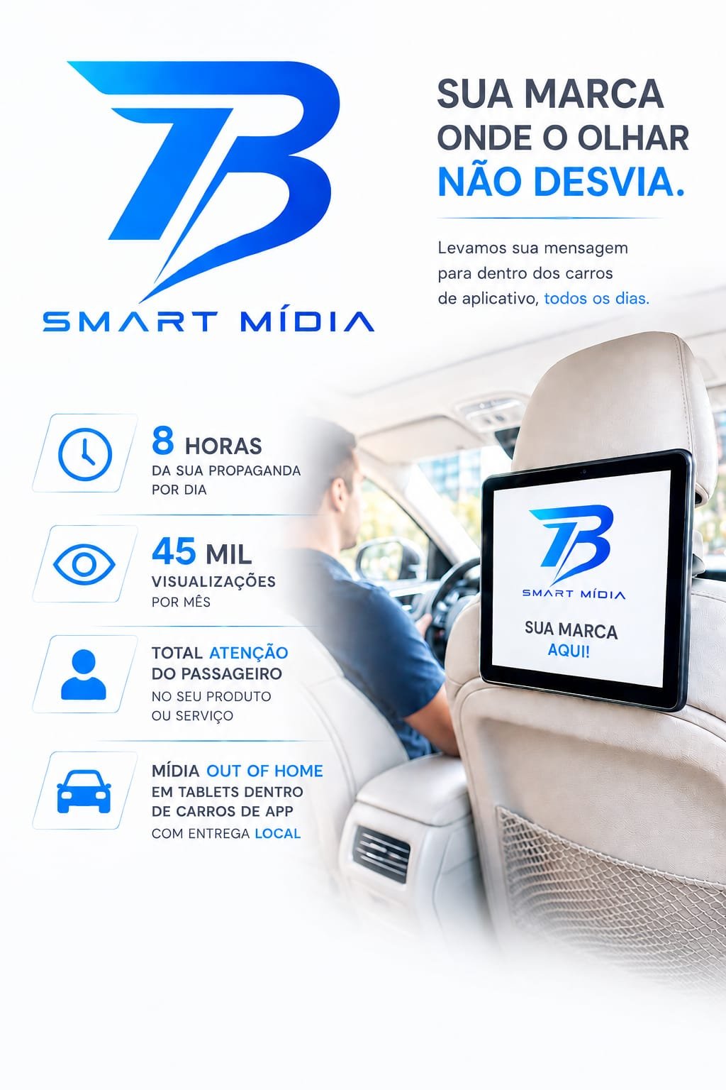 Tablet instalado no carro de aplicativo exibindo 'Anuncie aqui' — a mídia TB Smart Mídia em ação